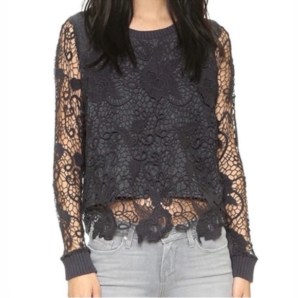 Free People Sweater Womens Size S Dark Grey Lace Sleeve Open Back Artsy Boho - Picture 2 of 15
